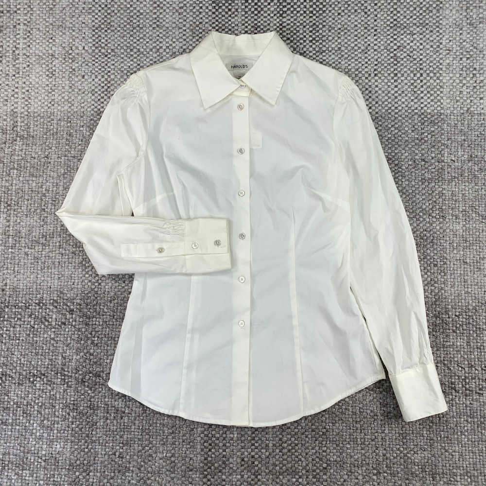 Harold's Button Up Dress Shirt Women XS White Ruched Shoulder Cuff 020-9367-200